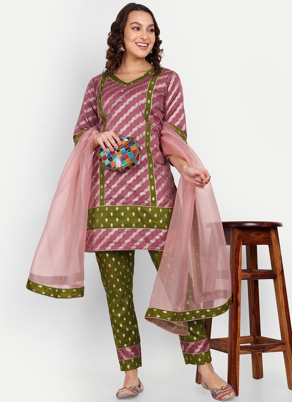 Designer Straight Salwar Suit Jacquard Green Pink Woven Salwar Kameez