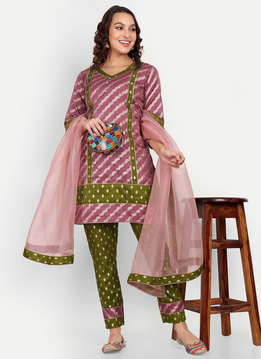 Designer Straight Salwar Suit Jacquard Green Pink Woven Salwar Kameez