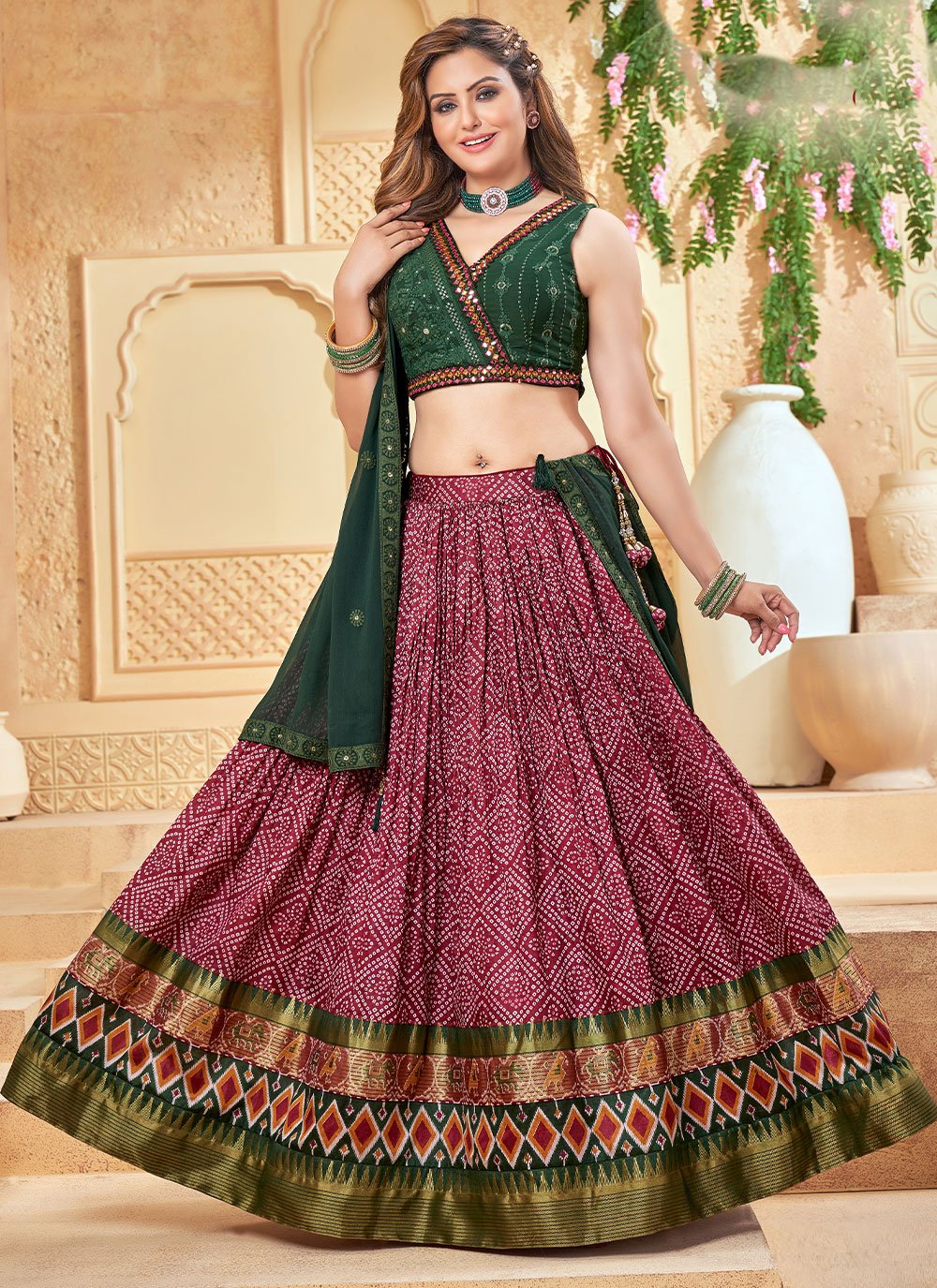 Lehenga Choli Georgette Green Purple Print Lehenga Choli