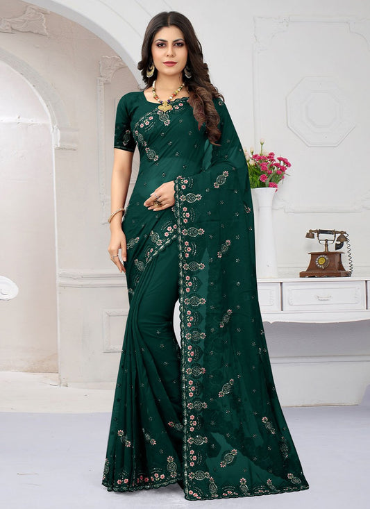 Trendy Saree Organza Green Rama Diamond Saree