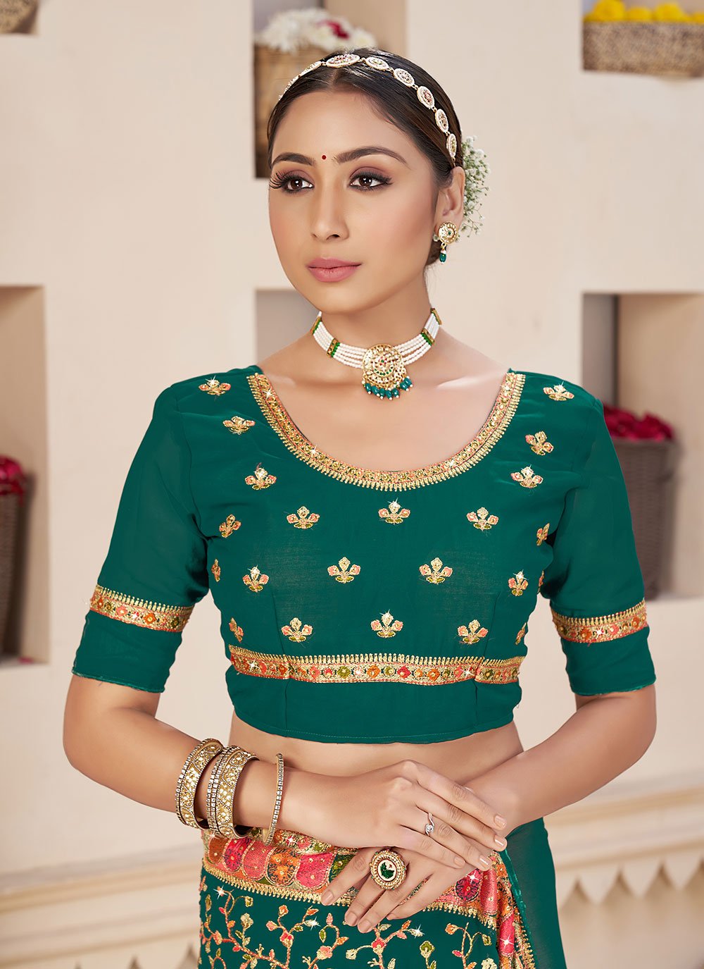 Classic Faux Georgette Green Rama Embroidered Saree