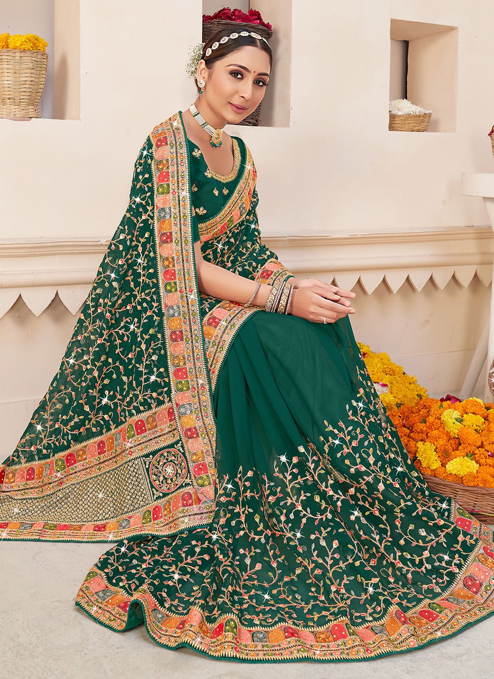 Classic Faux Georgette Green Rama Embroidered Saree