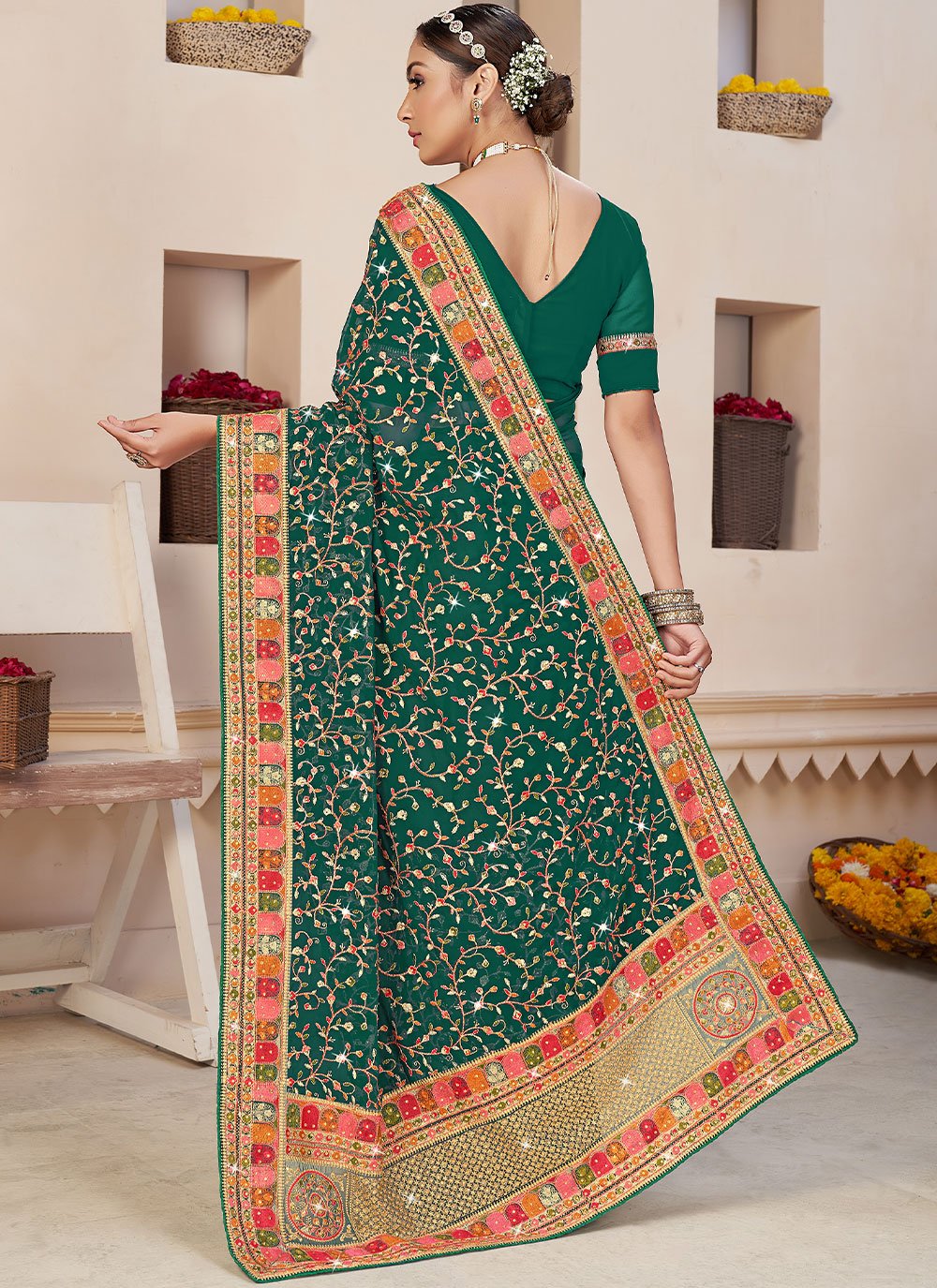 Classic Faux Georgette Green Rama Embroidered Saree