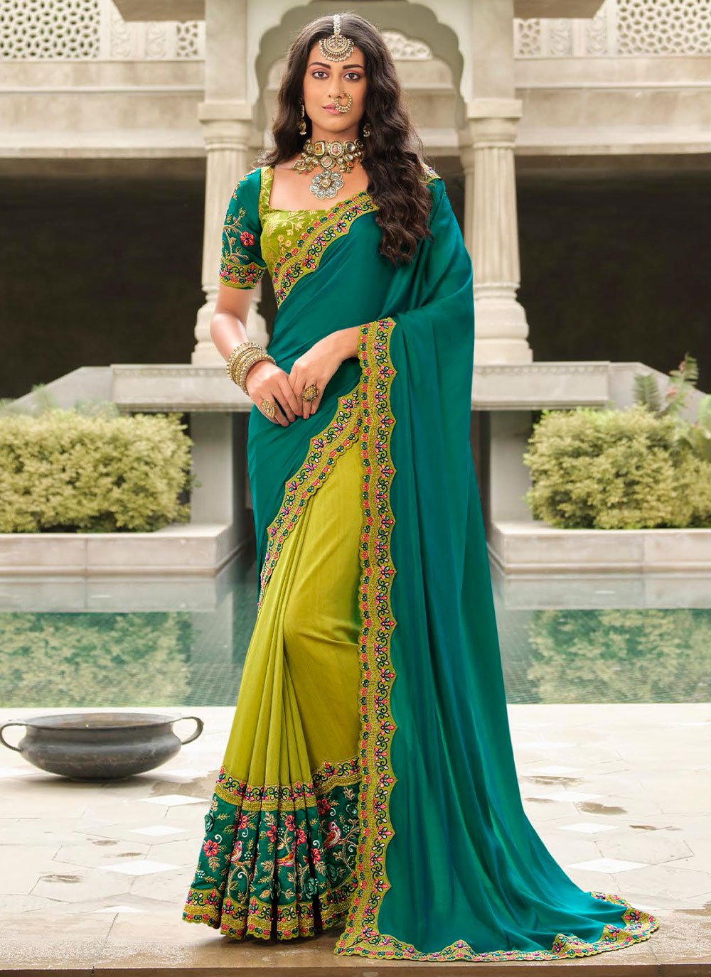 Classic Silk Green Rama Embroidered Saree