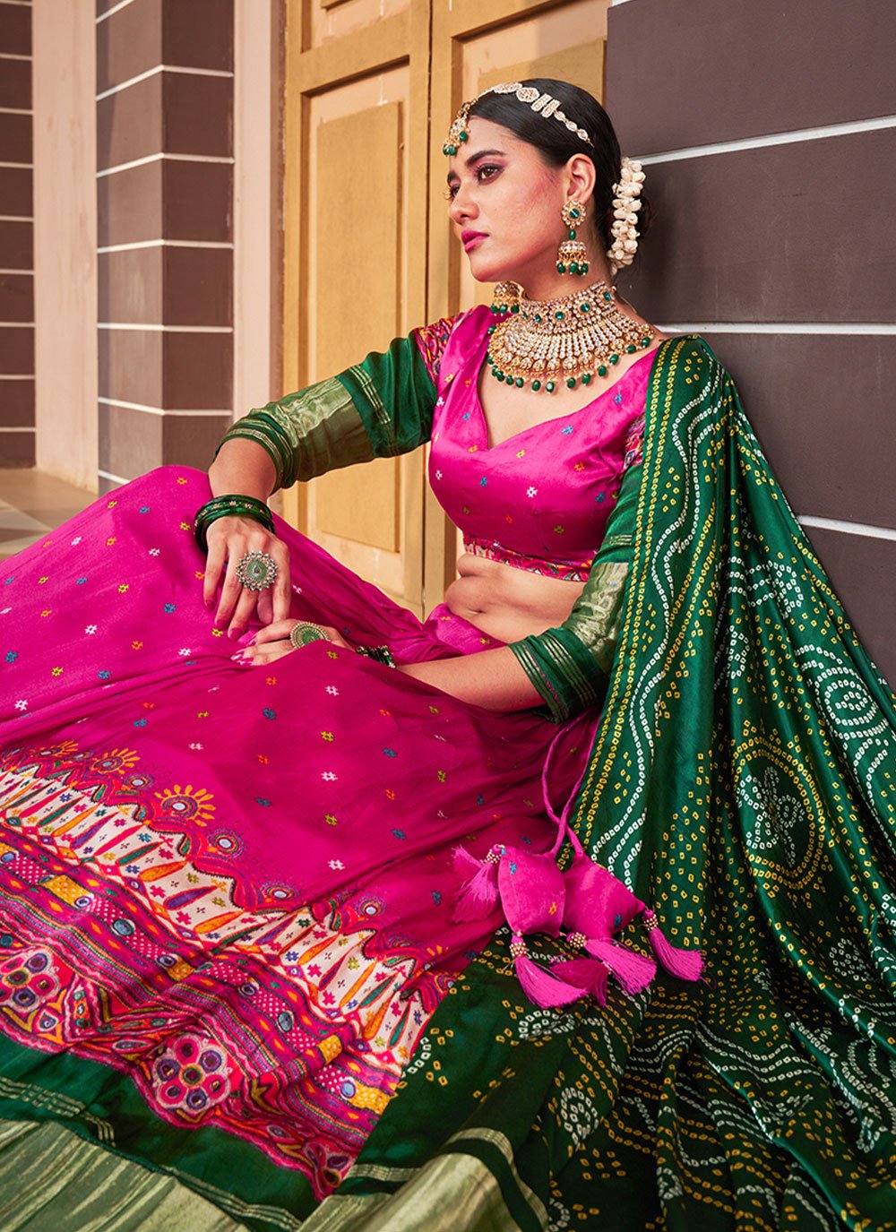 A Line Lehenga Silk Green Rani Digital Print Lehenga Choli