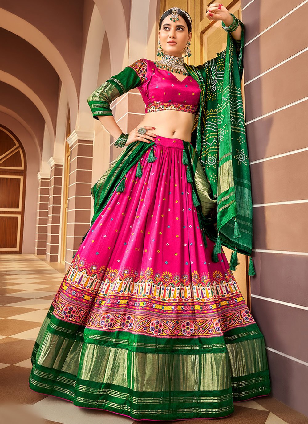 A Line Lehenga Silk Green Rani Digital Print Lehenga Choli