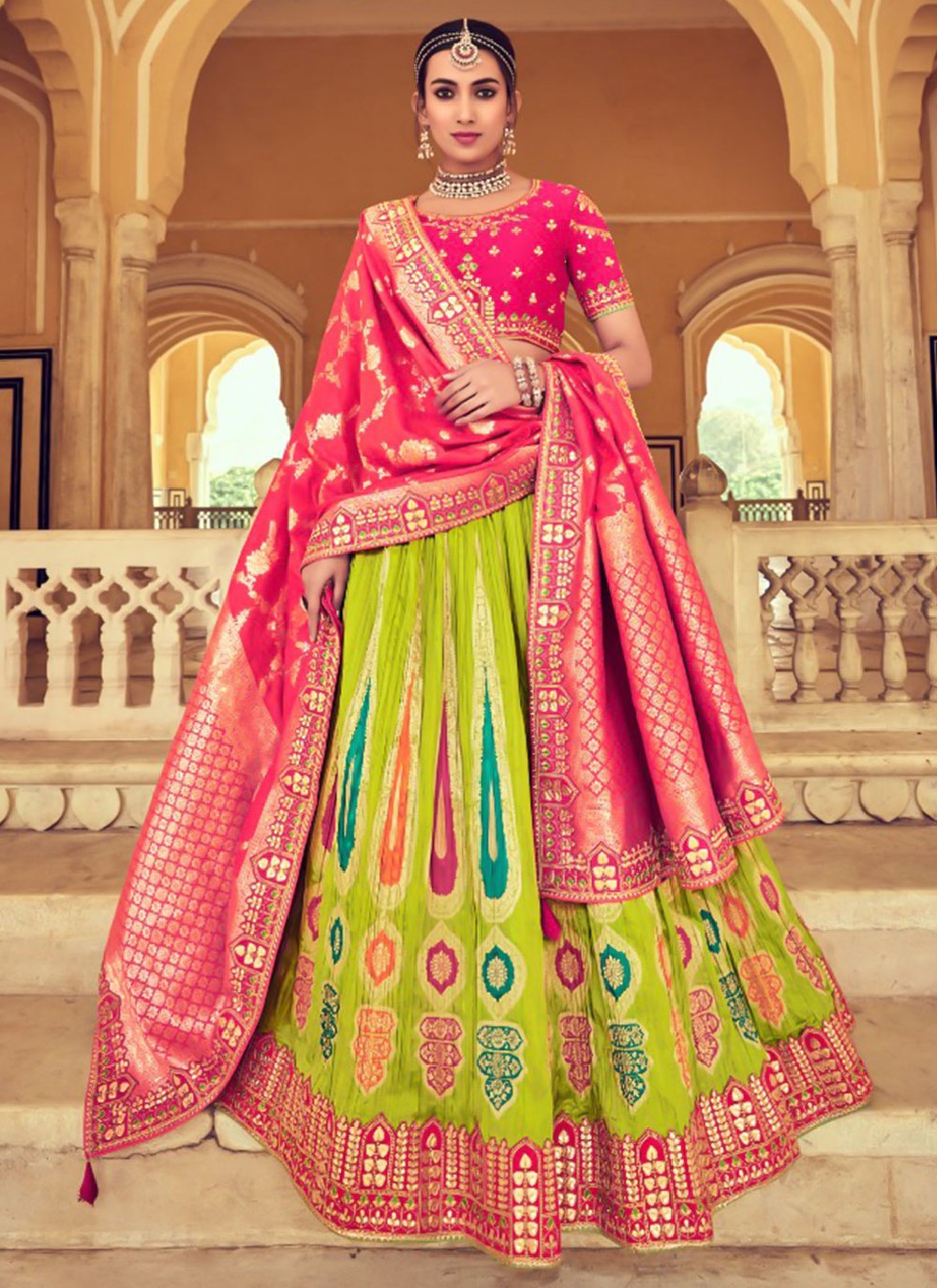 A Line Lehenga Silk Green Rani Beads Lehenga Choli