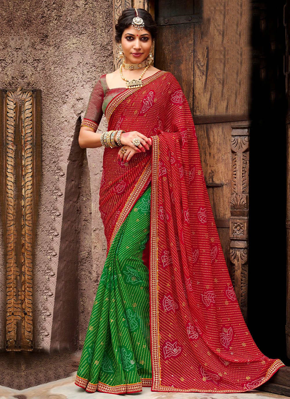 Classic Chiffon Green Red Bandhej Saree