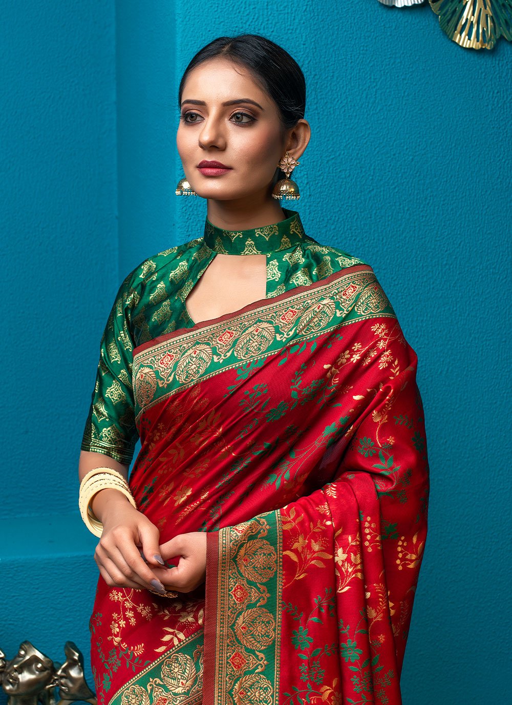 Classic Silk Green Red Weaving Saree