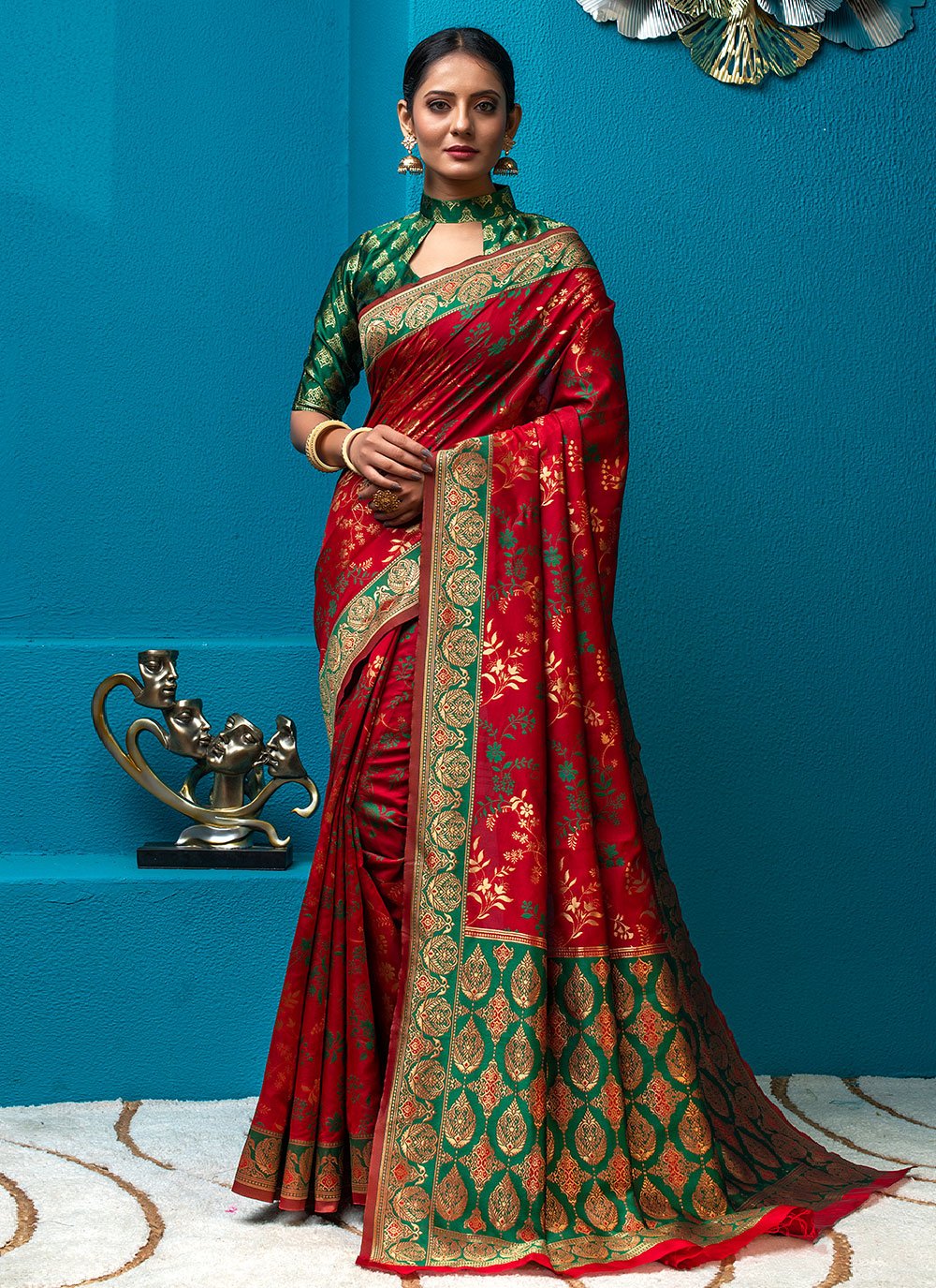 Classic Silk Green Red Weaving Saree