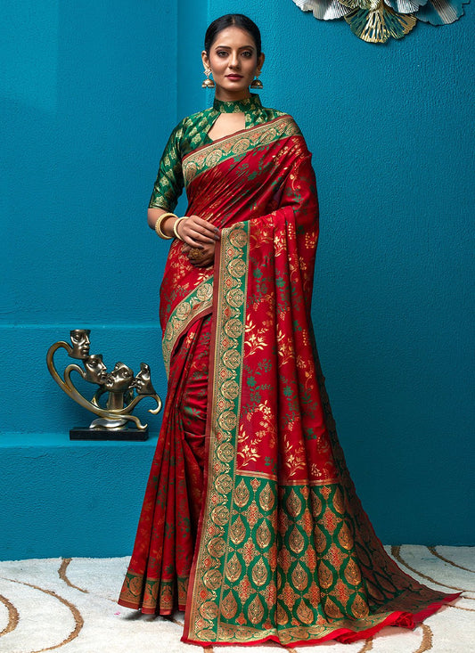 Classic Silk Green Red Weaving Saree