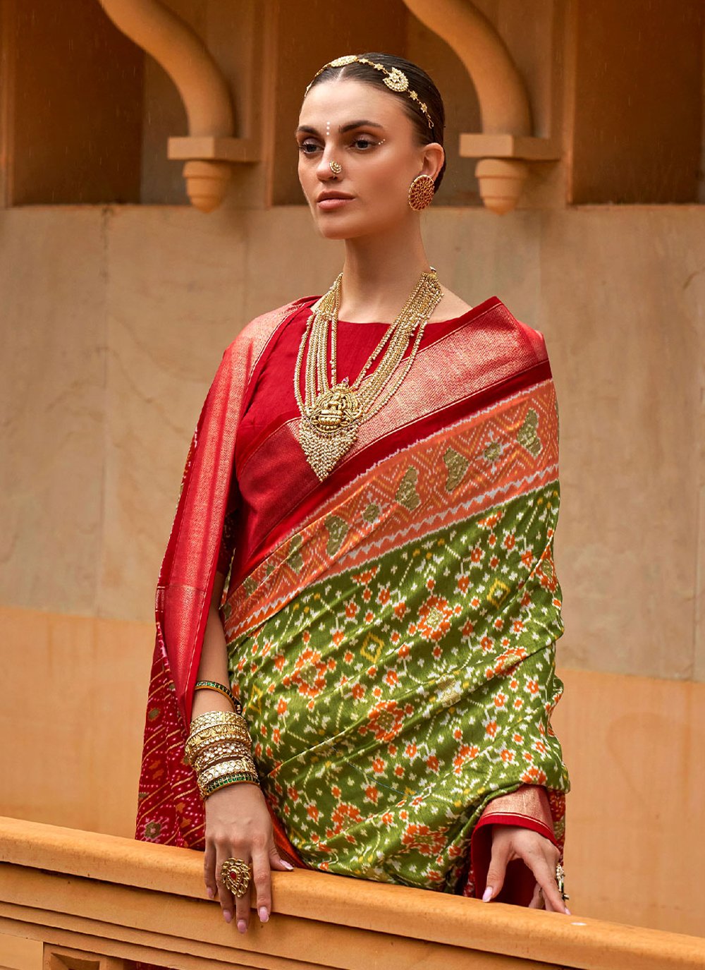 Contemporary Patola Silk Green Red Weaving Saree