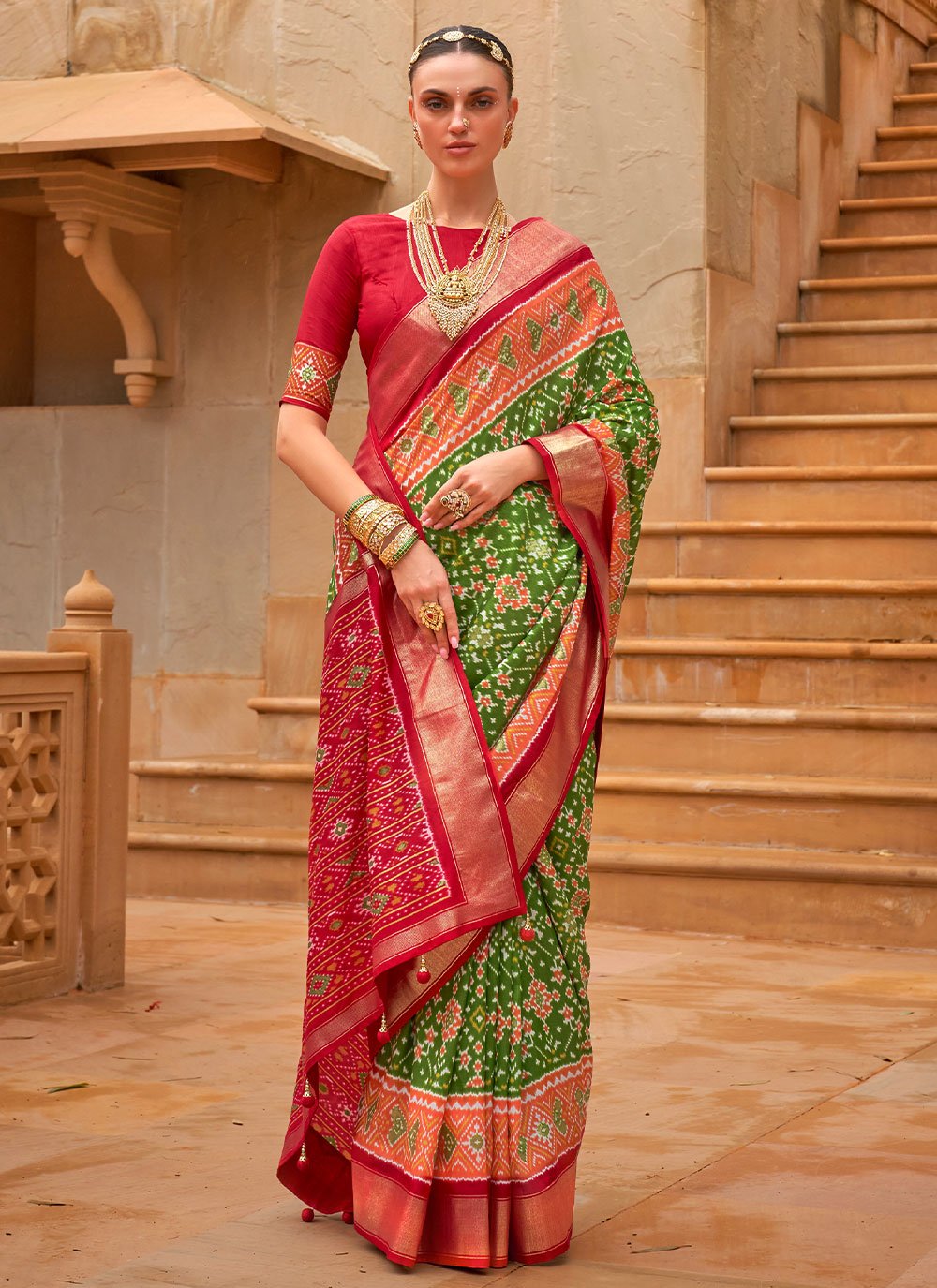 Contemporary Patola Silk Green Red Weaving Saree