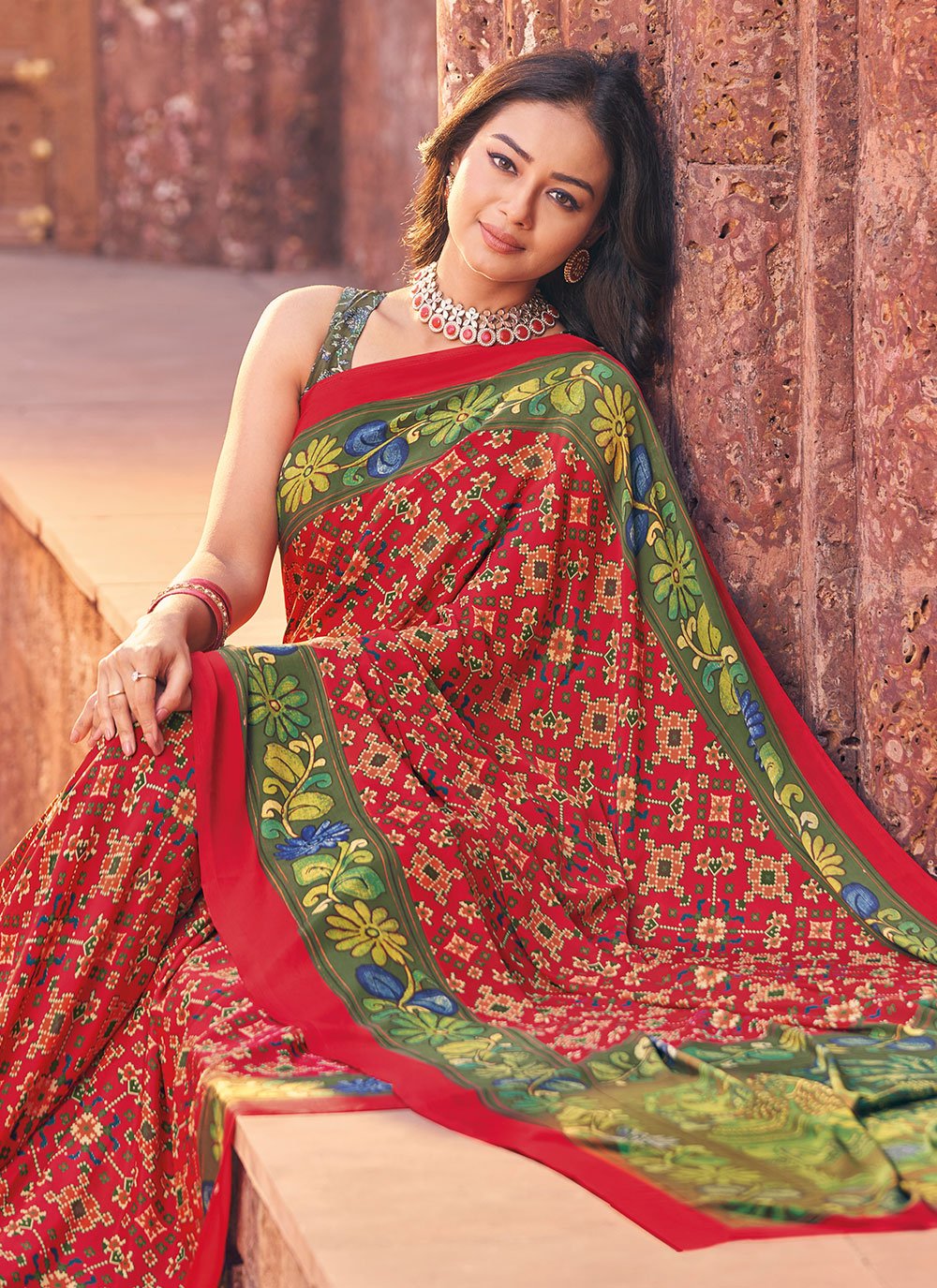 Classic Faux Crepe Green Red Print Saree