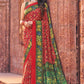 Classic Faux Crepe Green Red Print Saree
