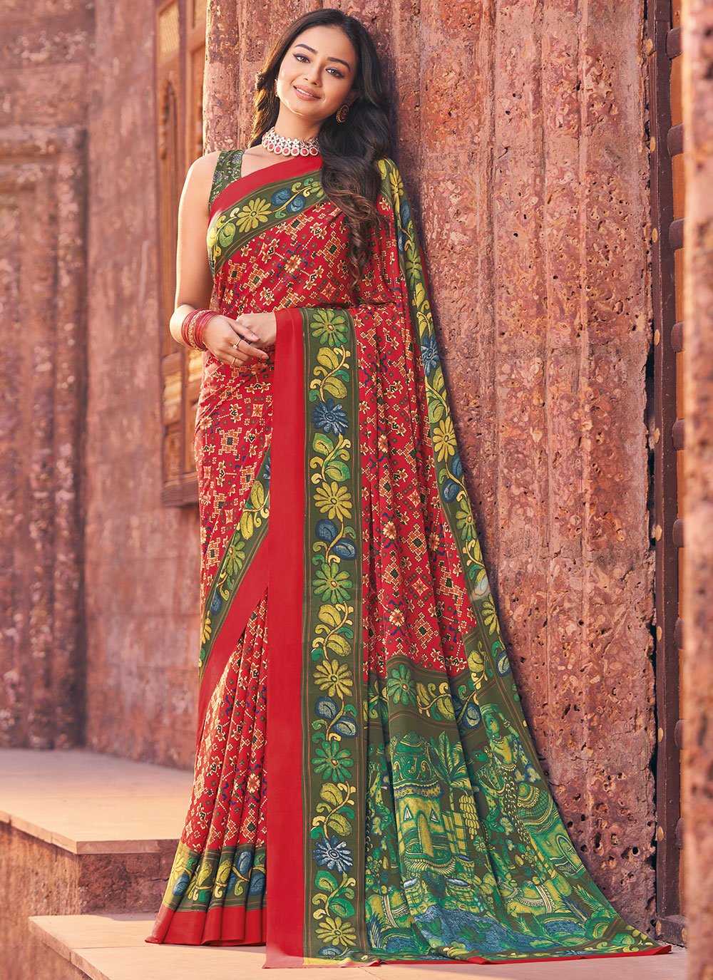 Classic Faux Crepe Green Red Print Saree