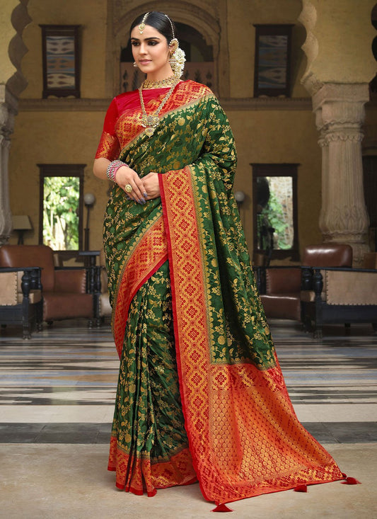 Trendy Saree Satin Silk Green Red Weaving Saree