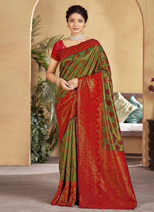 Designer Silk Green Red Embroidered Saree