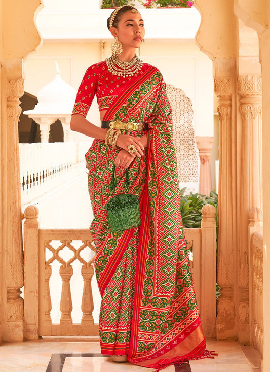 Designer Tussar Silk Green Red Weaving Saree