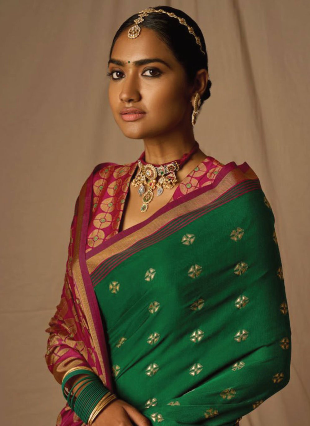 Contemporary Brasso Green Red Woven Saree