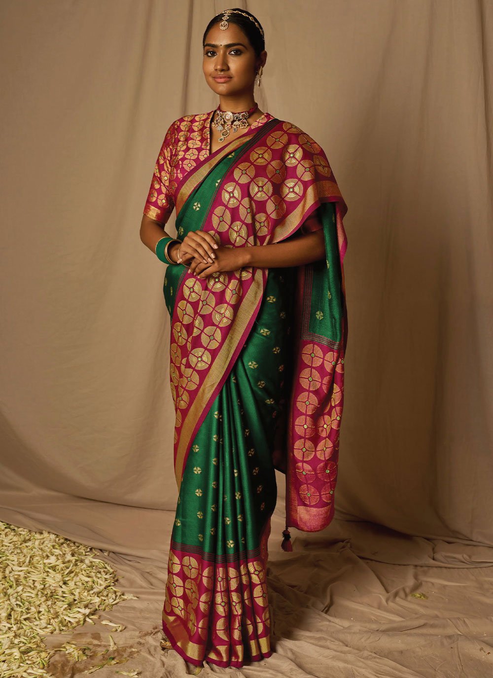 Contemporary Brasso Green Red Woven Saree