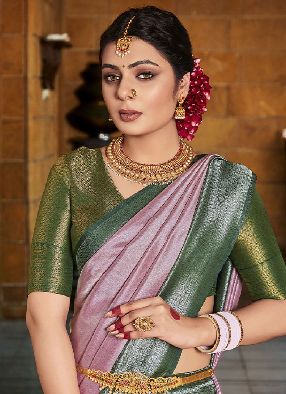 Contemporary Silk Green Pink Fancy Work Saree