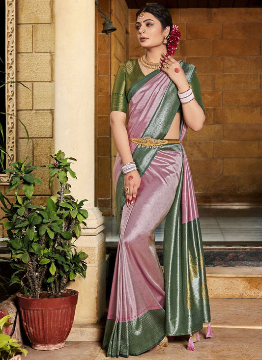 Contemporary Silk Green Pink Fancy Work Saree