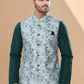 Kurta Payjama With Jacket Dupion Silk Jacquard Green Silver Digital Print Mens