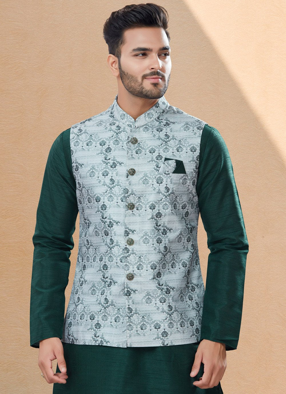 Kurta Payjama With Jacket Dupion Silk Jacquard Green Silver Digital Print Mens