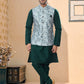 Kurta Payjama With Jacket Dupion Silk Jacquard Green Silver Digital Print Mens