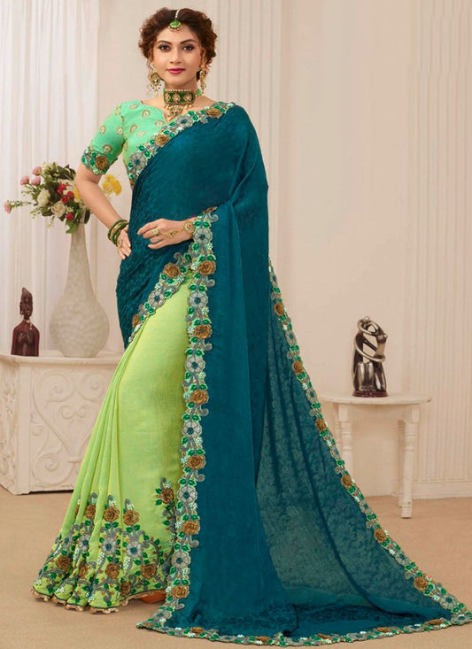 Designer Silk Green Teal Embroidered Saree