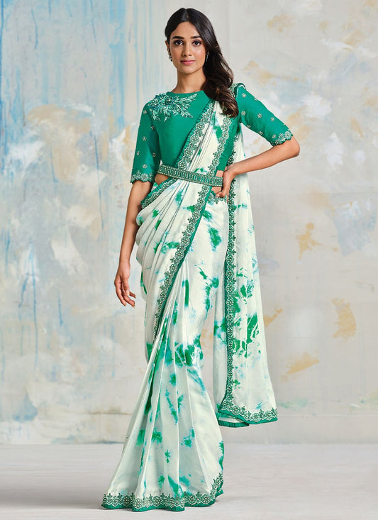 Classic Satin Silk Green White Print Saree