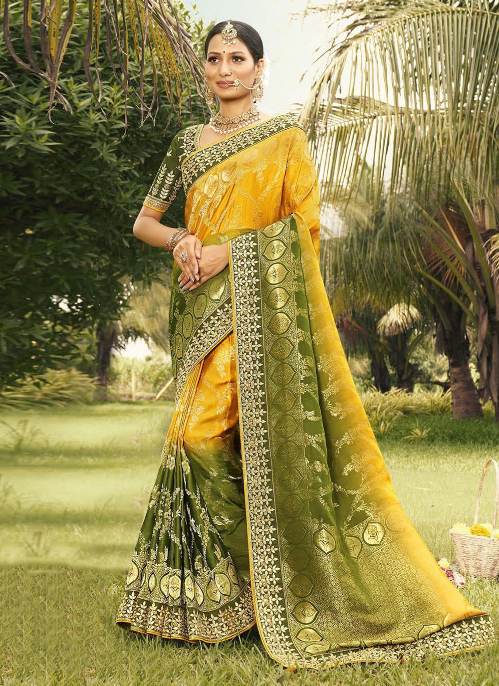 Traditional Saree Silk Green Yellow Patch Border Saree