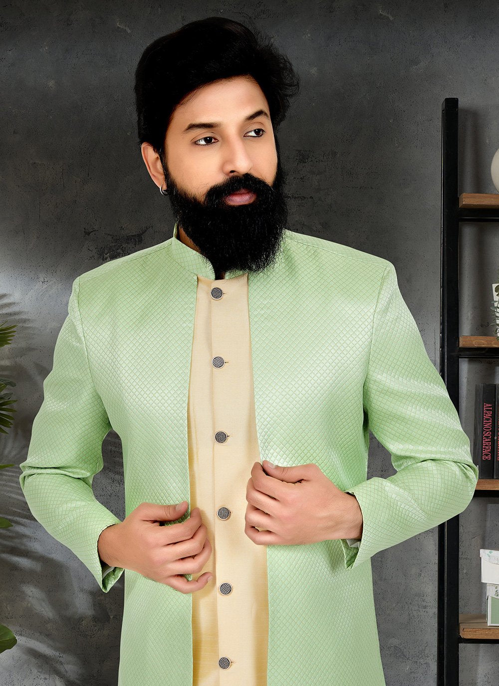 Indo Western Banarasi Silk Brocade Jacquard Green Yellow Embroidered Mens