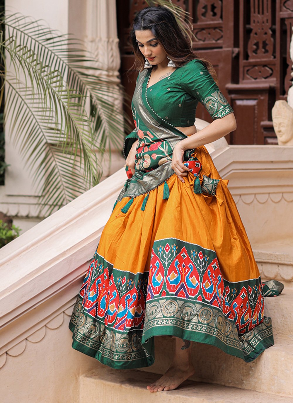 Lehenga Choli Silk Green Yellow Foil Print Lehenga Choli