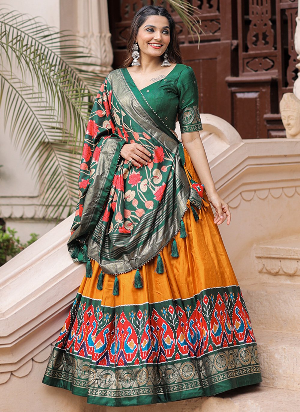 Lehenga Choli Silk Green Yellow Foil Print Lehenga Choli