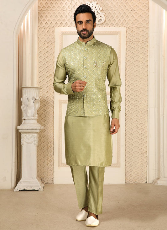 Kurta Payjama With Jacket Art Banarasi Silk Green Embroidered Mens