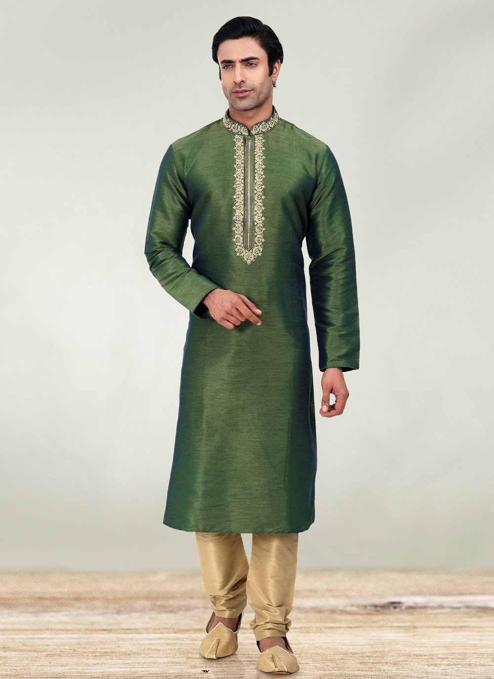 Kurta Pyjama Art Banarasi Silk Green Embroidered Mens