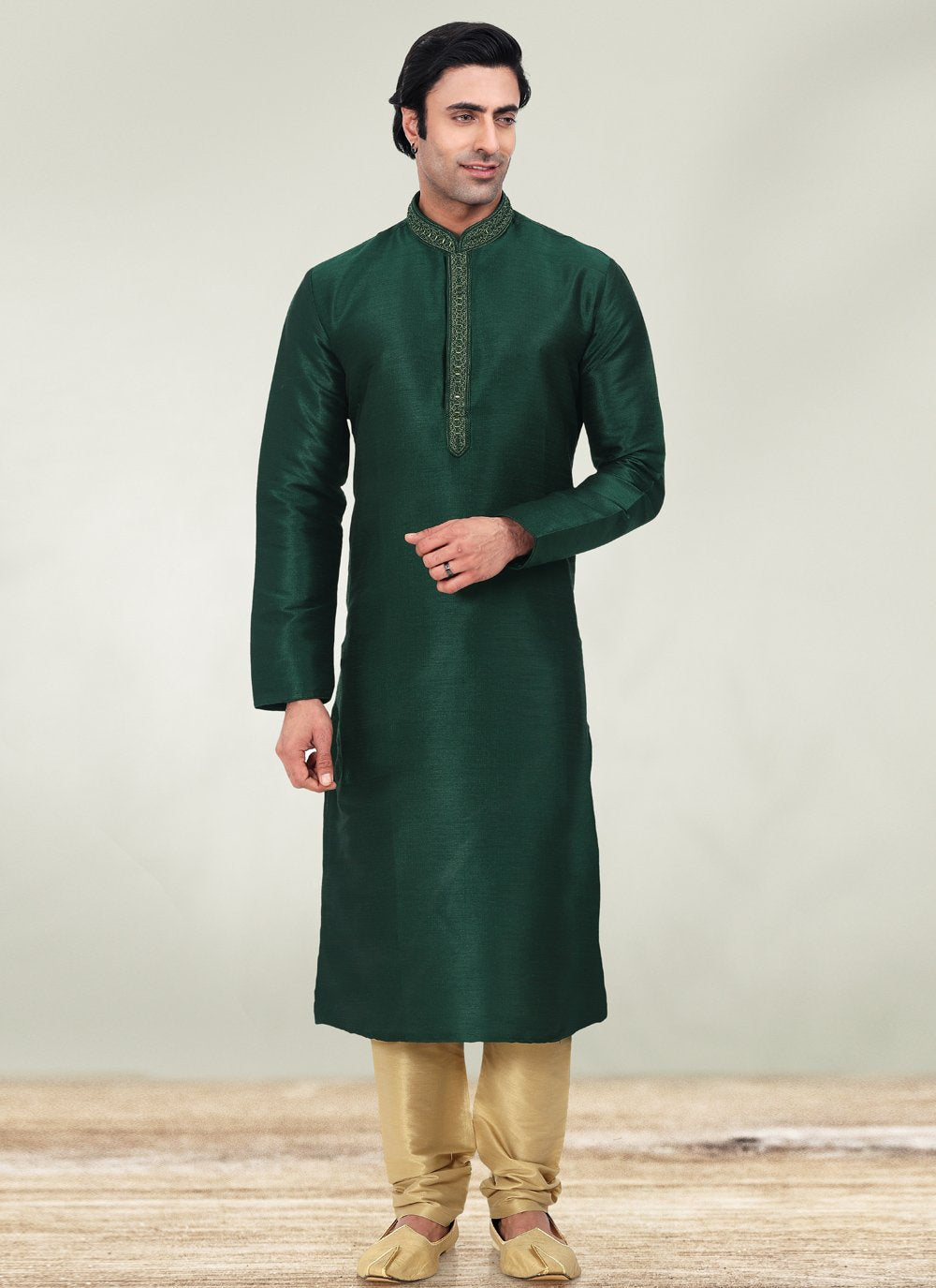 Kurta Pyjama Art Banarasi Silk Green Embroidered Mens