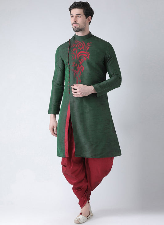 Angrakha Art Dupion Silk Green Embroidered Mens