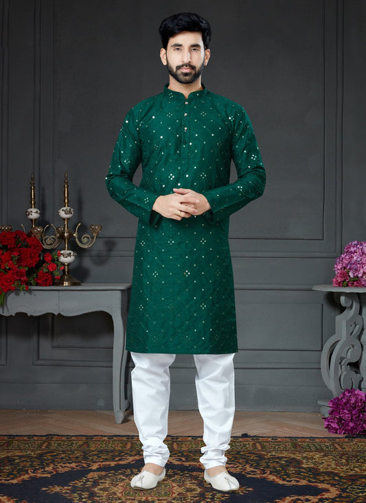 Kurta Pyjama Art Silk Cotton Green Embroidered Mens