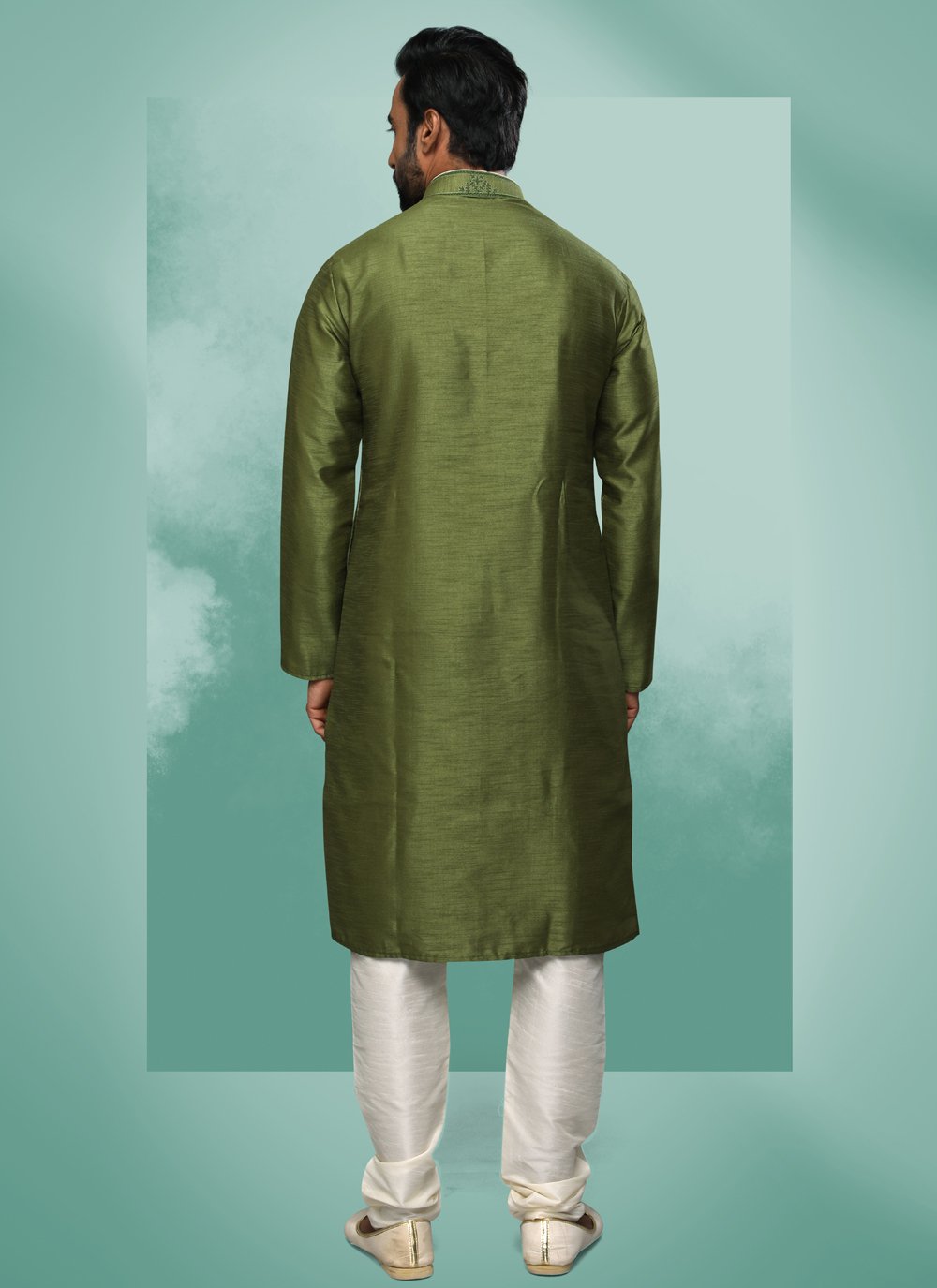 Kurta Pyjama Art Silk Green Embroidered Mens