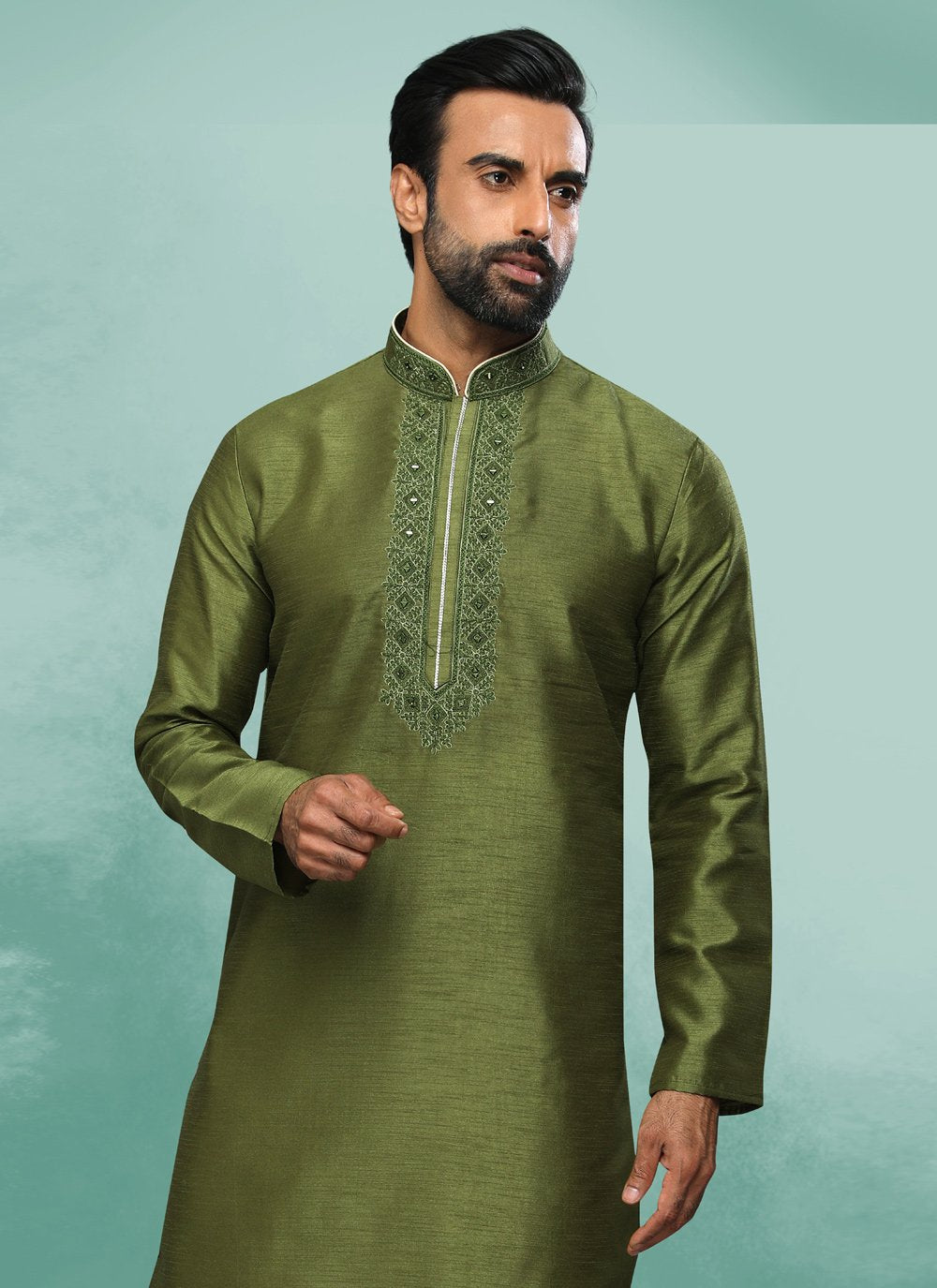 Kurta Pyjama Art Silk Green Embroidered Mens