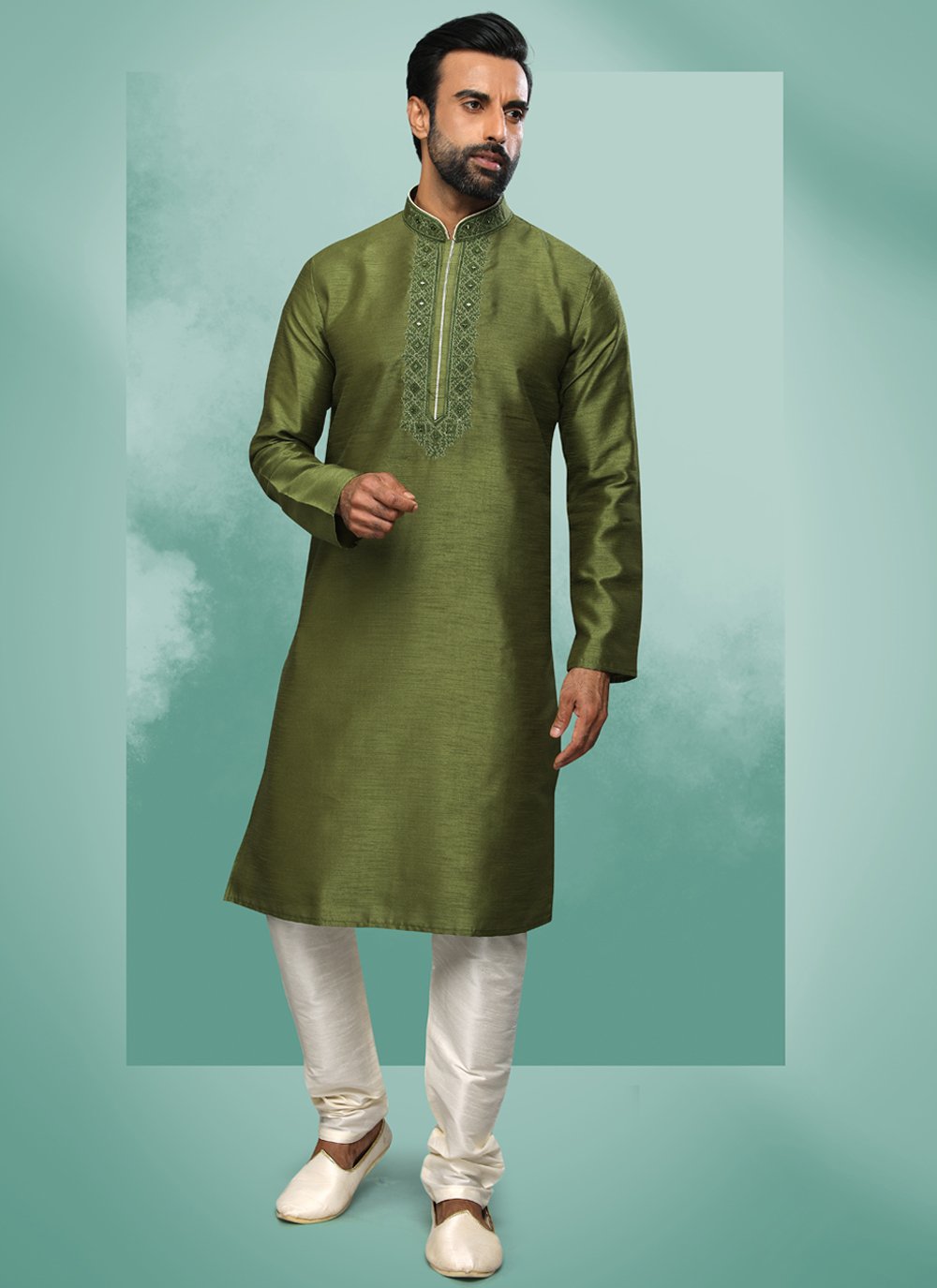 Kurta Pyjama Art Silk Green Embroidered Mens