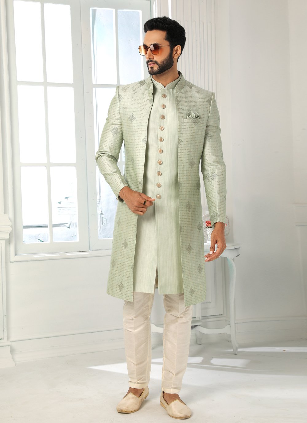 Indo Western Art Silk Green Machine Embroidery Mens