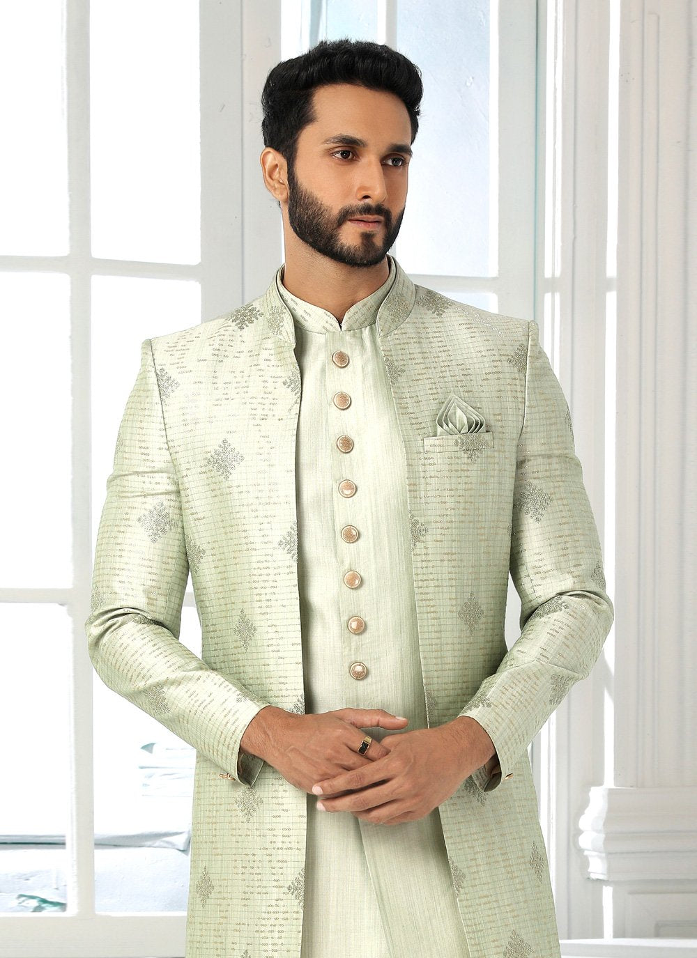 Indo Western Art Silk Green Machine Embroidery Mens