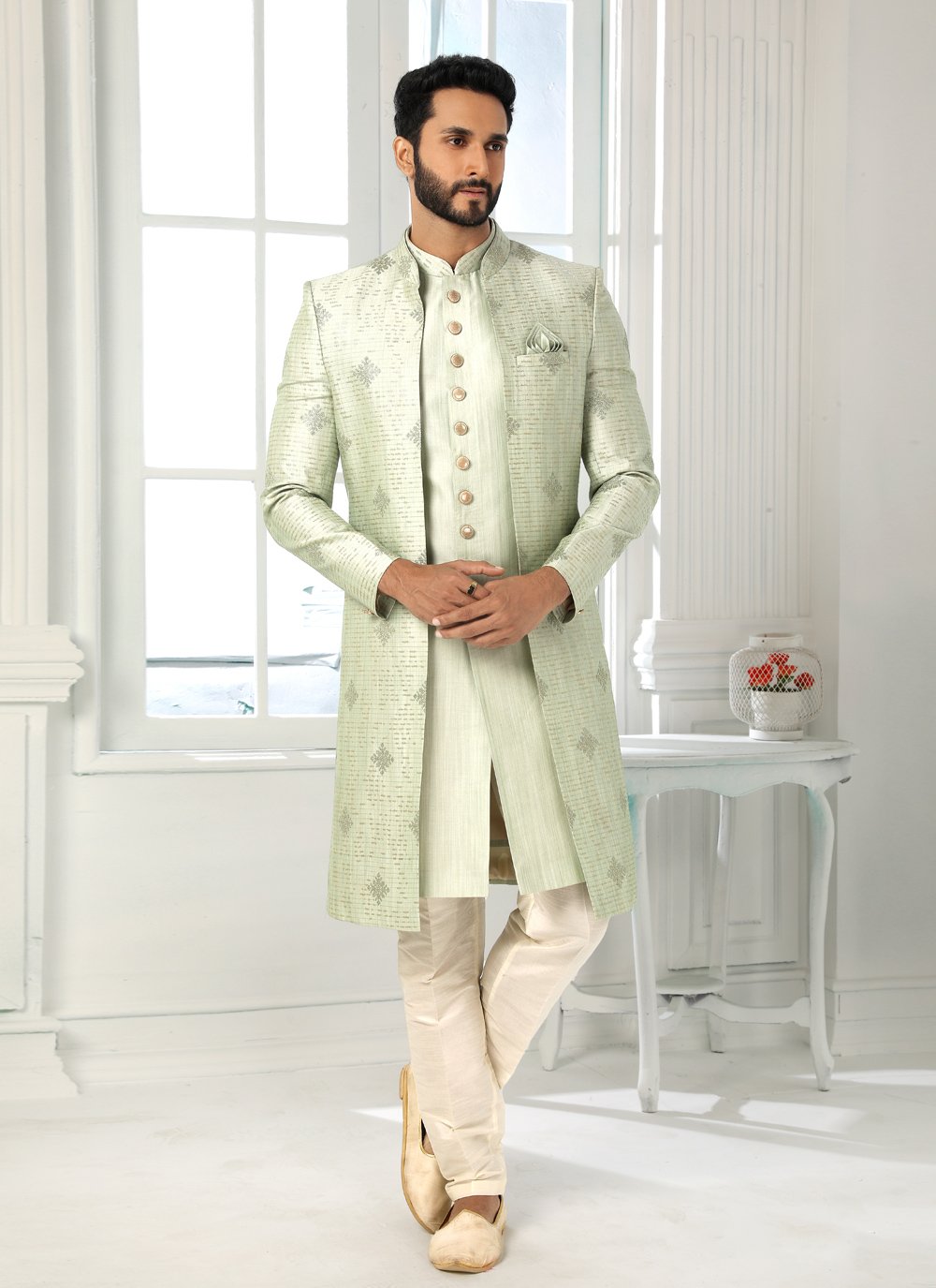 Indo Western Art Silk Green Machine Embroidery Mens