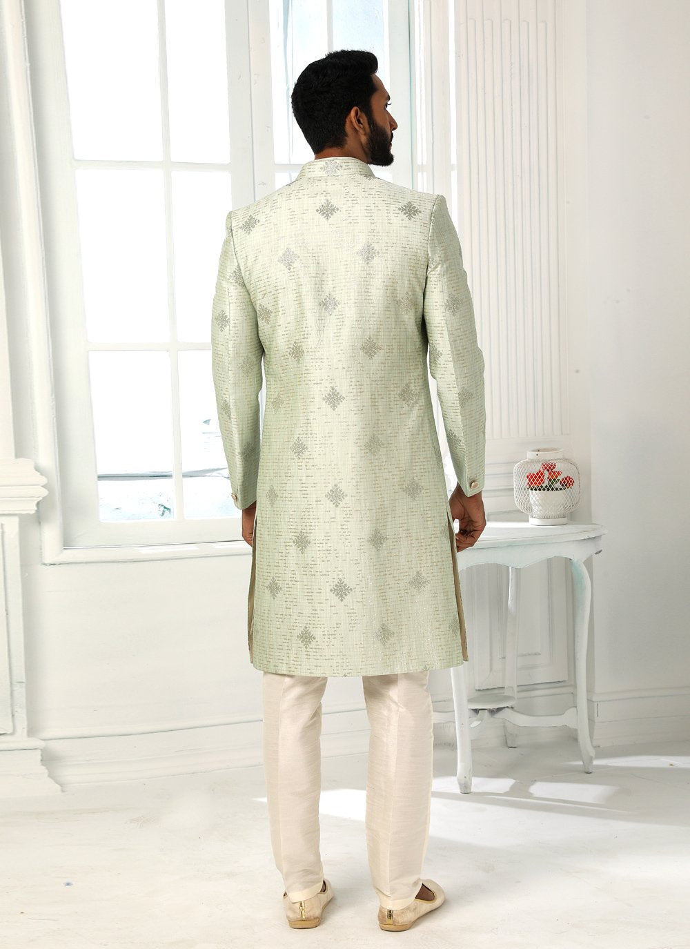 Indo Western Art Silk Green Machine Embroidery Mens