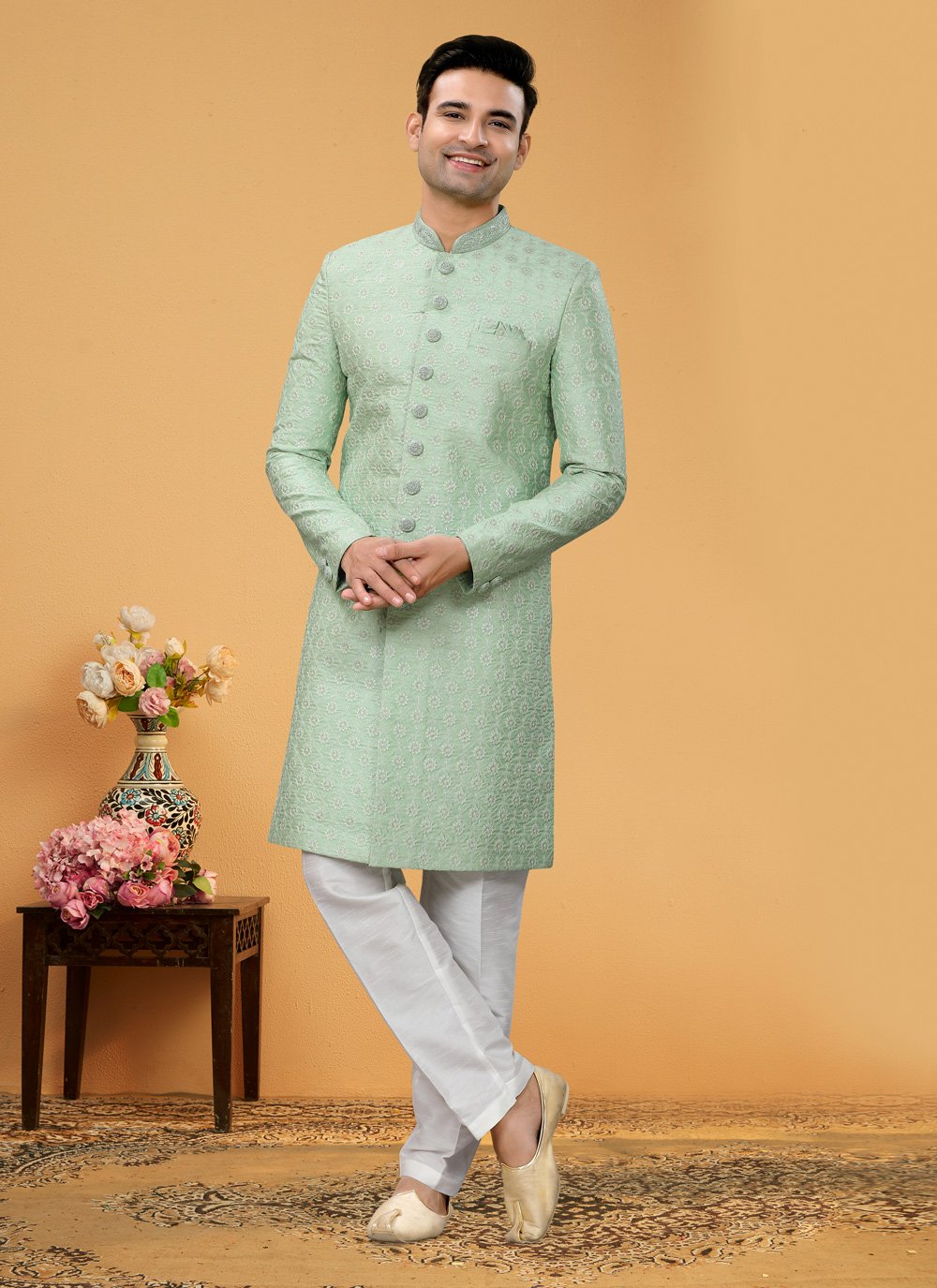 Indo Western Sherwani Art Silk Green Hand Work Mens