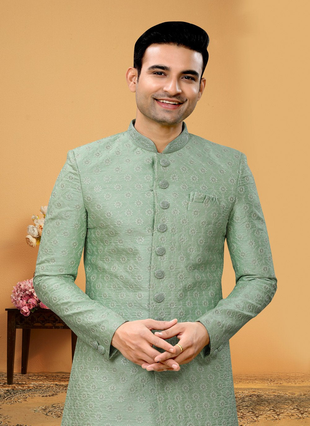 Indo Western Sherwani Art Silk Green Hand Work Mens